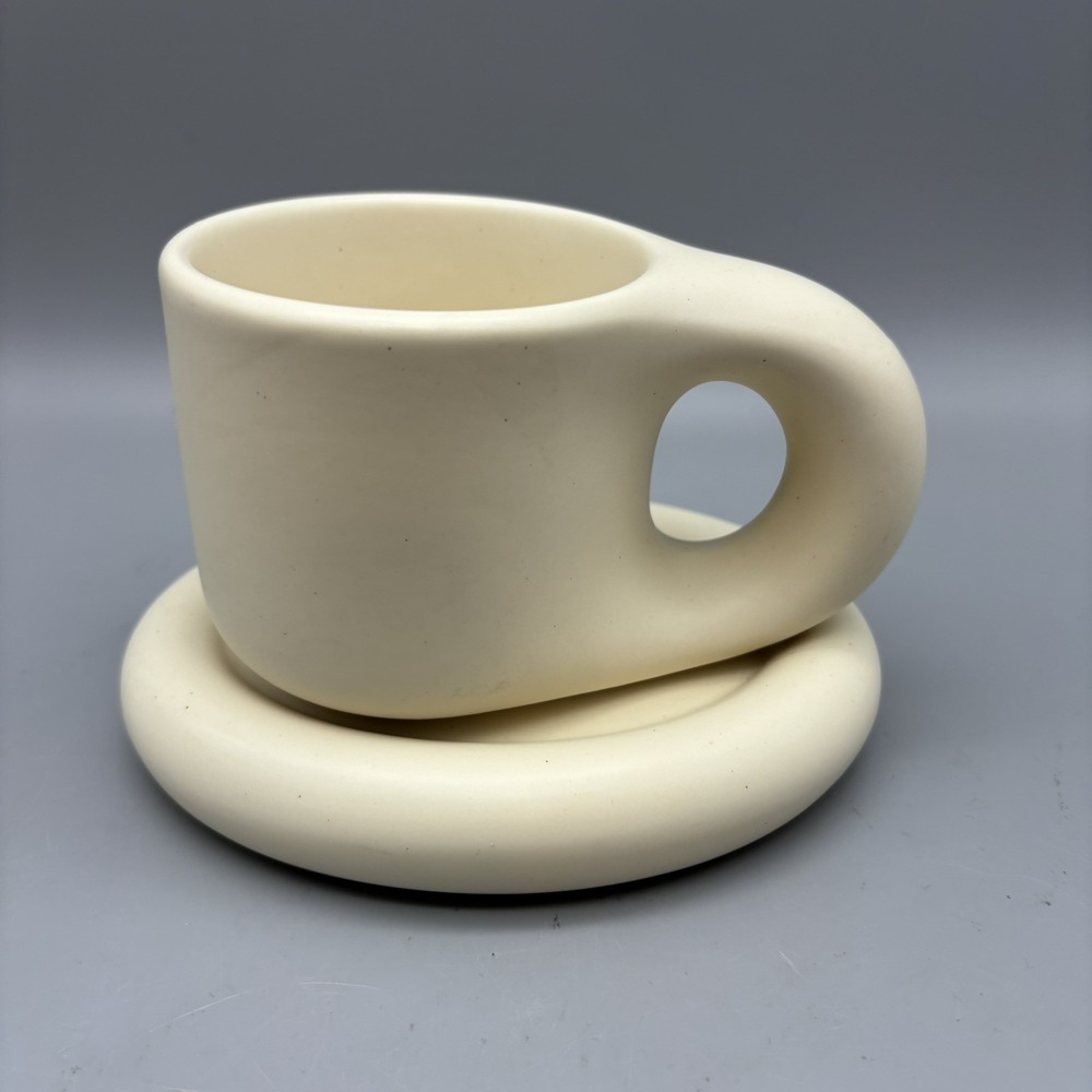 Ceramic Coffee Tea Mug Cup Saucer Chubby Puffy Oversize Handle Cream Chunky Set